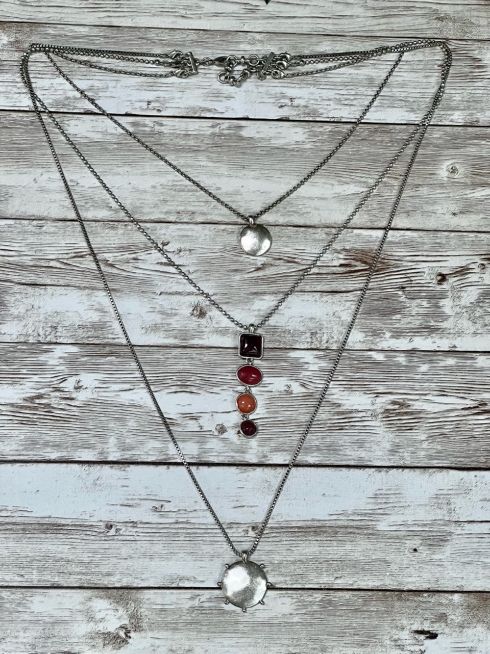 Lucky Brand Convertible Layered Silver Necklace with Red and Orange Gem Accents